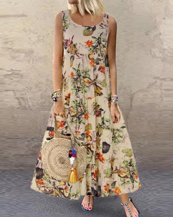 Retro Floral Cotton Maxi Dress