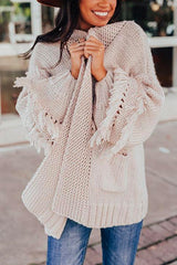 Batwing Sleeve Solid Tassel Sweater Cardigan