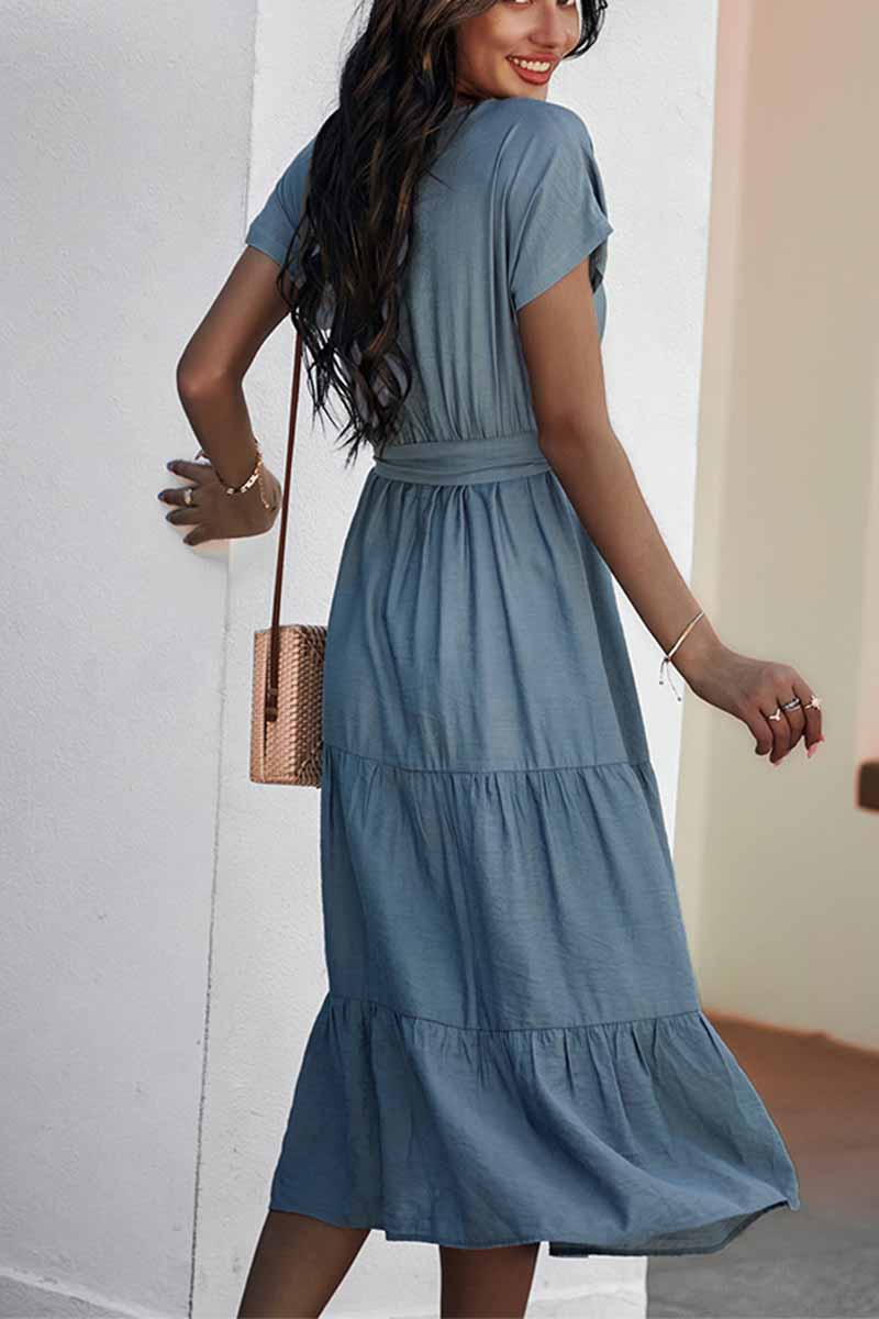 Pure Color Simple Restraint Waist Midi Dress