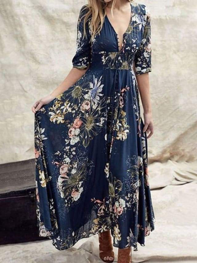 Women's Swing Dress Maxi Long Dress Blue Green Half Sleeve Floral Ruffle Print Summer V Neck Hot Casual Boho 2021 S M L XL XXL 3XL 4XL