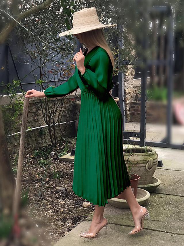 Women's A Line Dress Knee Length Dress Green Long Sleeve Solid Color Ruched Summer V Neck Hot Sexy S M L XL