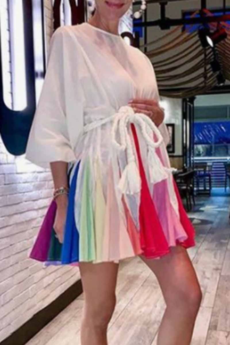 Rainbow Color 3/4 Sleeve Mini Dress