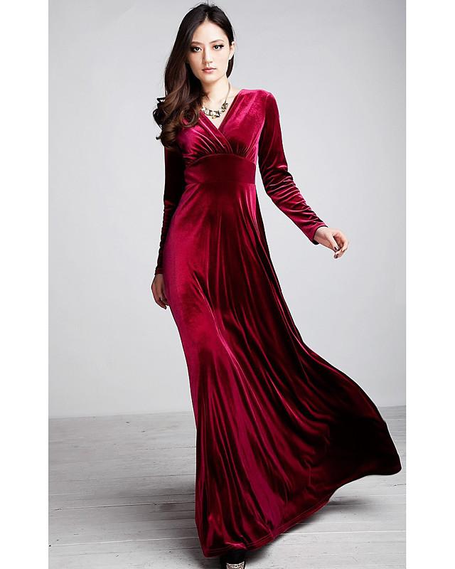 Women's Sheath Dress Maxi long Dress Black Purple Wine Green Royal Blue Long Sleeve Solid Colored V Neck Hot Velvet S M L XL XXL 3XL / Plus Size