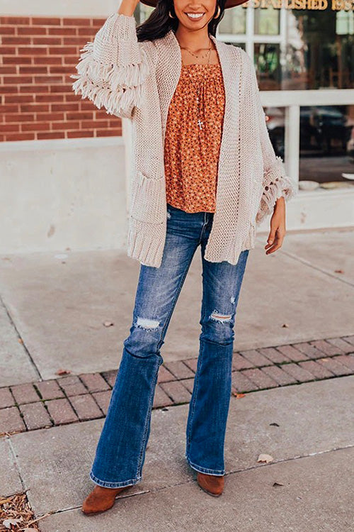 Batwing Sleeve Solid Tassel Sweater Cardigan