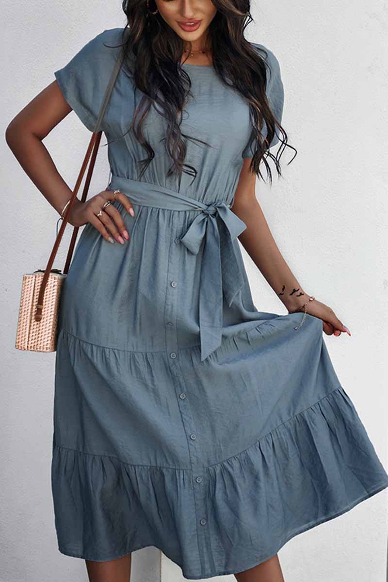 Pure Color Simple Restraint Waist Midi Dress