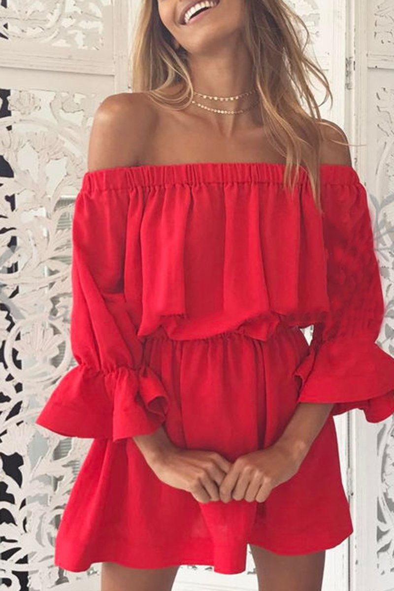 Trumpet Sleeve Off the Shoulder Solid Color Dress