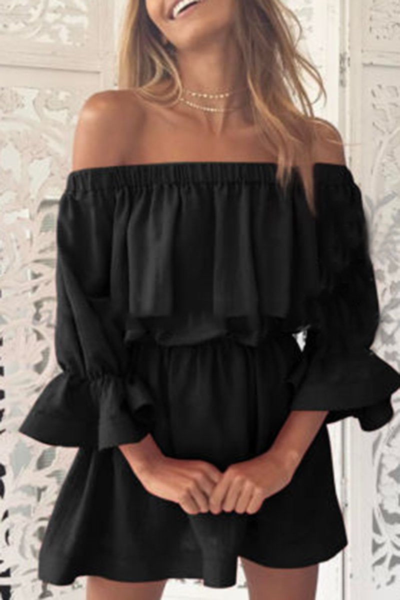 Trumpet Sleeve Off the Shoulder Solid Color Dress