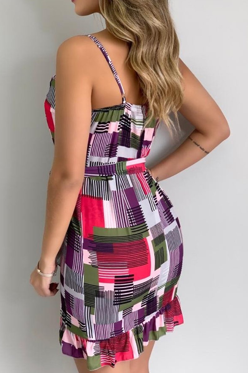 Color Patchwork V-Neck Dress(With Belt)