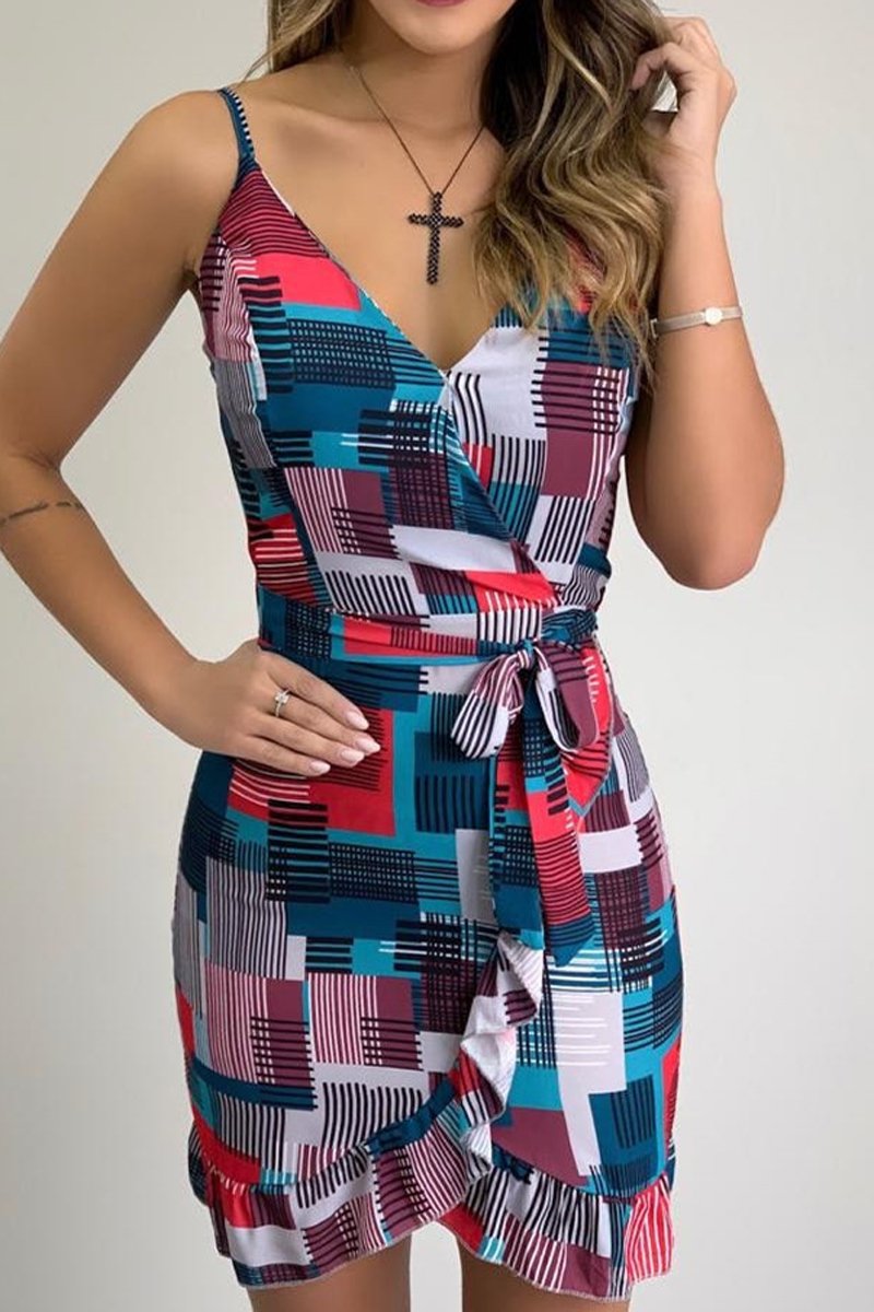 Color Patchwork V-Neck Dress(With Belt)