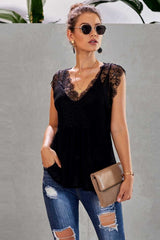 Fashion Lace Stitching V neck Top