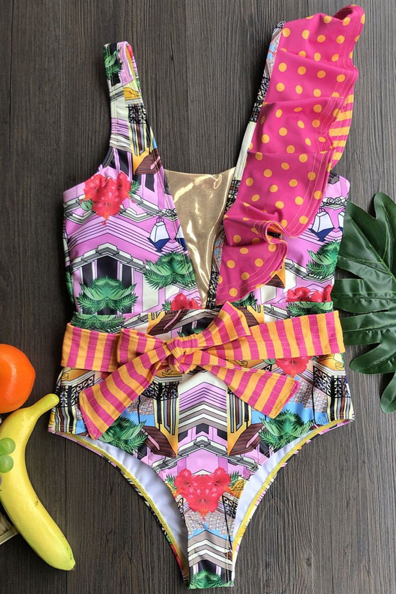 Ruffle Printed One Piece Swimwear