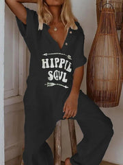 Printed Loose Button Up Jumpsuit