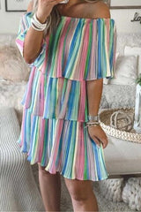 Rainbow Off The Shoulder Pleated Dress
