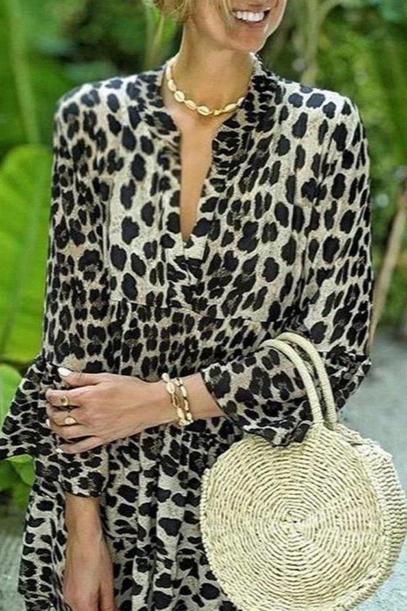 Bohemian Leopard Print V-Neck Dress