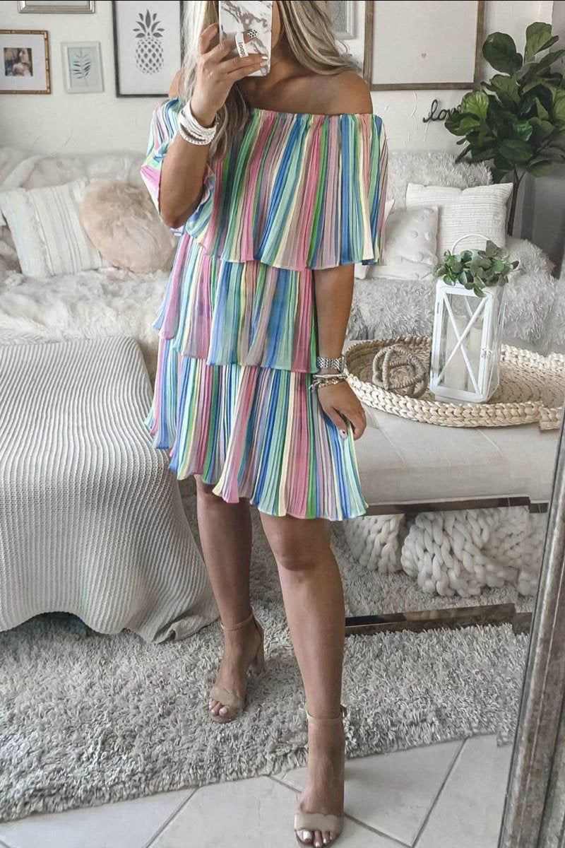 Rainbow Off The Shoulder Pleated Dress
