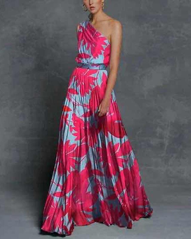 Women's Swing Dress Maxi long Dress Sleeveless Print Trees / Leaves Spring & Summer One Shoulder Hot Holiday Beach vacation dresses Green Rose Red S M L XL XXL