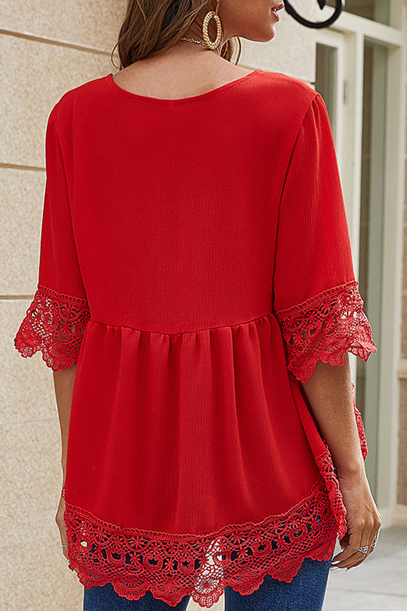 Chiffon Lace Pierced V-Neck Blouse