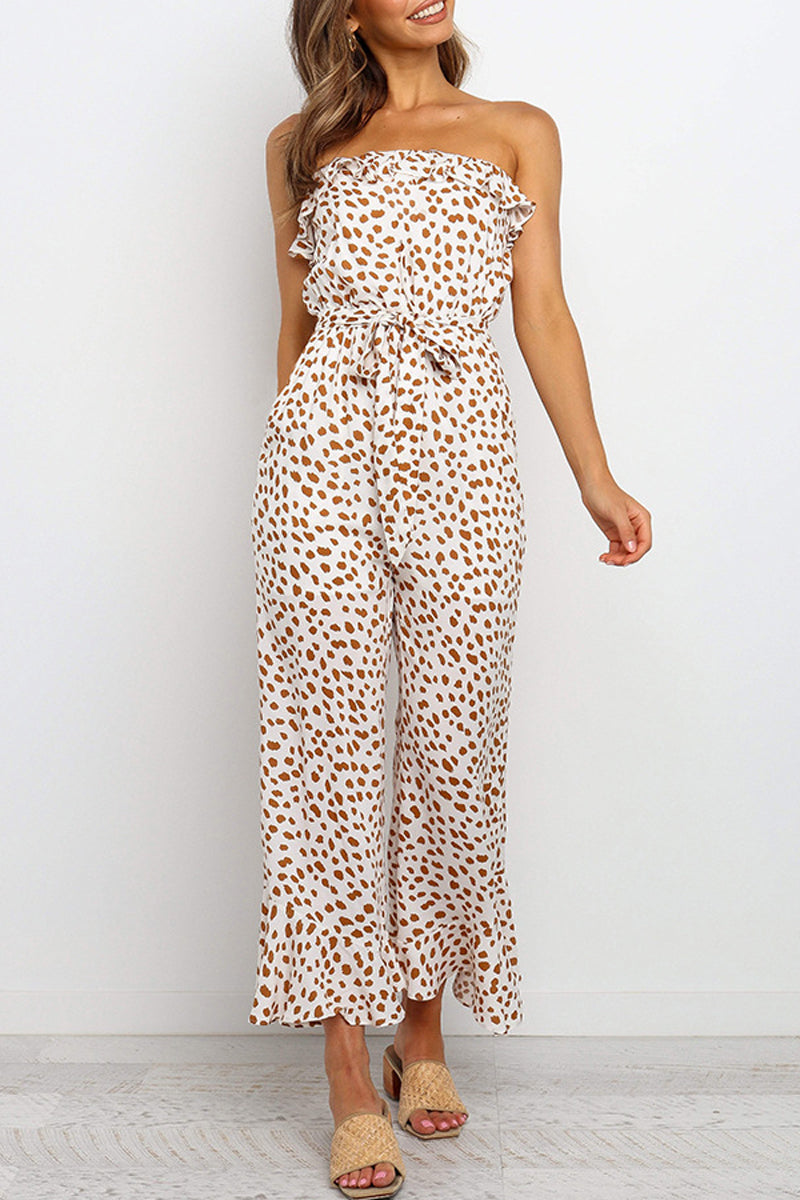 Printed Ruffle Belted Sleeveless Jumpsuit