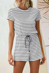 Casual Strip Short Sleeve Drawstring Waist Romper
