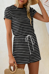 Casual Strip Short Sleeve Drawstring Waist Romper