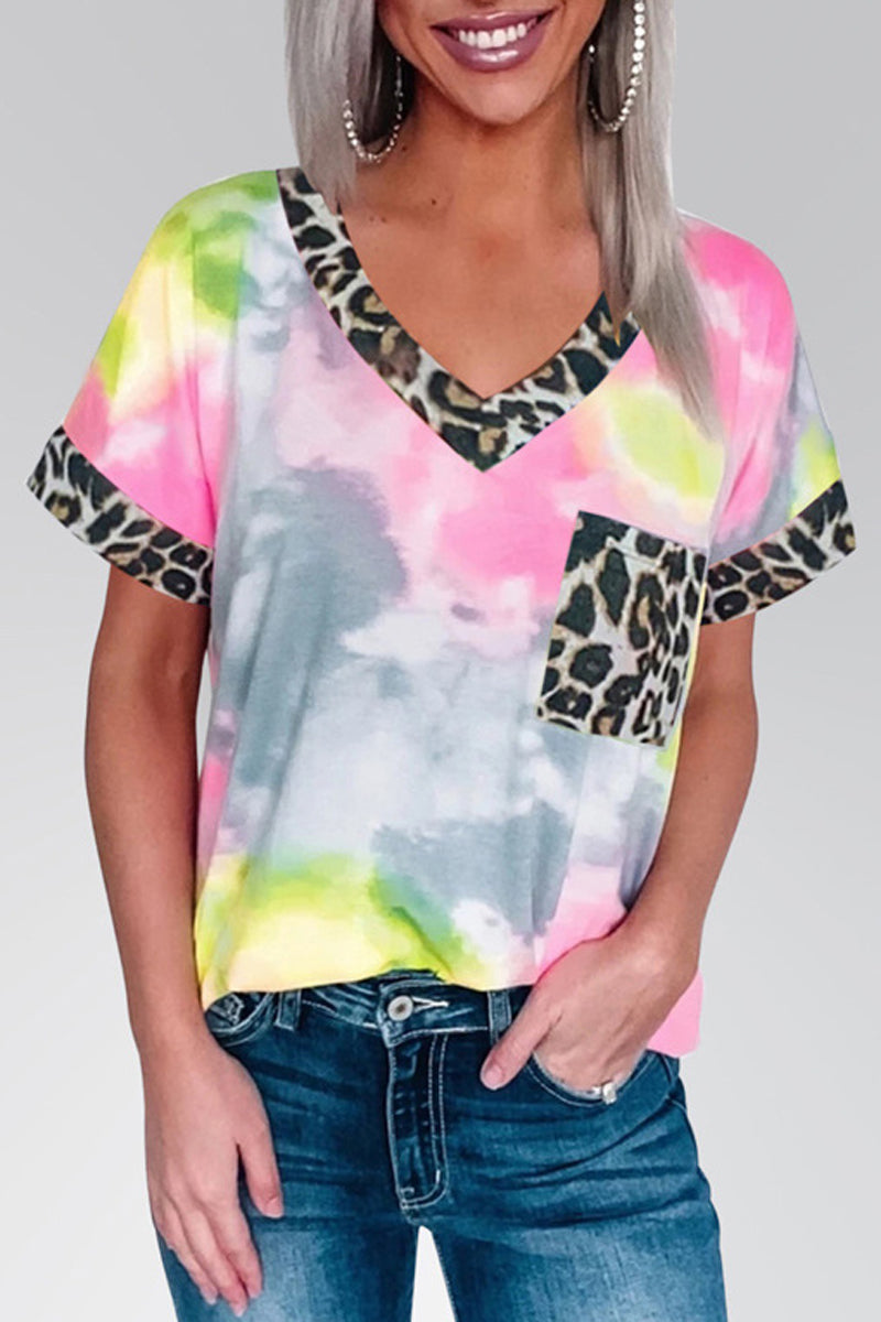 Tie Dye Leopard Print V Neck Pocket T-Shirt