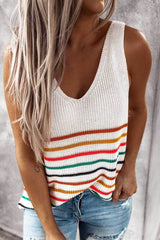 Rainbow Striped V-Neck Knit Plus Size Tank Top