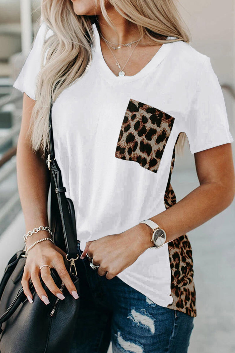 Printed Irregular V-Neck Pocket T-Shirt