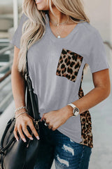 Printed Irregular V-Neck Pocket T-Shirt