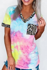 Tie Dye Leopard Print V Neck Pocket T-Shirt