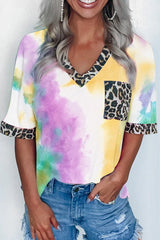 Tie Dye Leopard Print V Neck Pocket T-Shirt