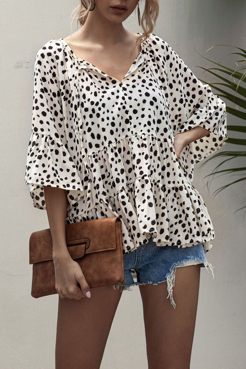 Ruffle Dot Lace-Up Neckline Top