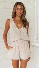 Beige Buttoned Top and Shorts Matching Sets