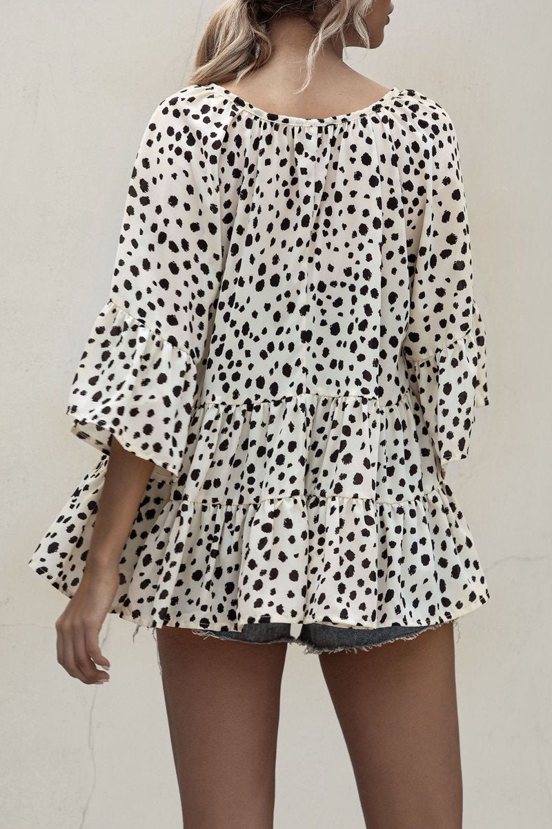 Ruffle Dot Lace-Up Neckline Top