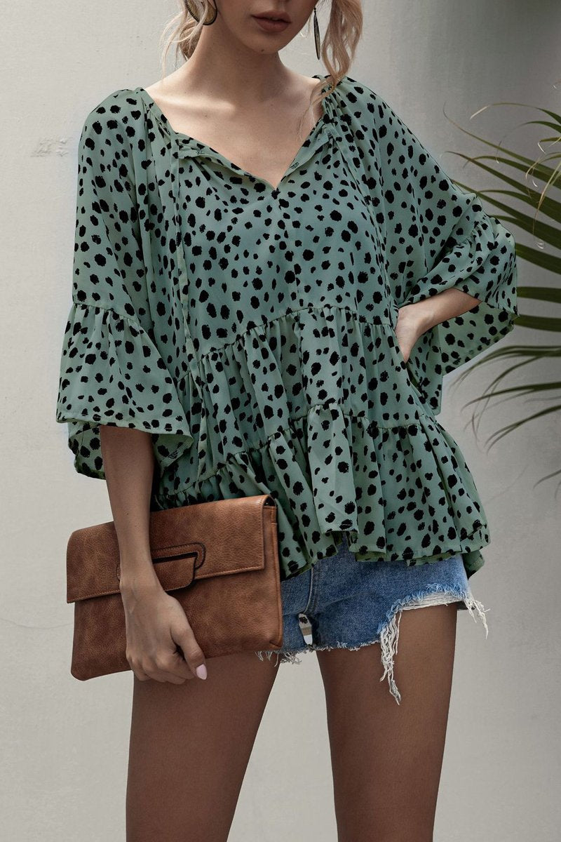 Ruffle Dot Lace-Up Neckline Top