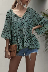 Ruffle Dot Lace-Up Neckline Top