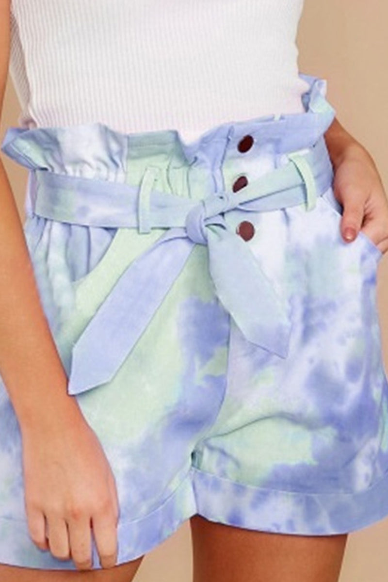 Tie Dye Belted Ruffle Pocket Shorts