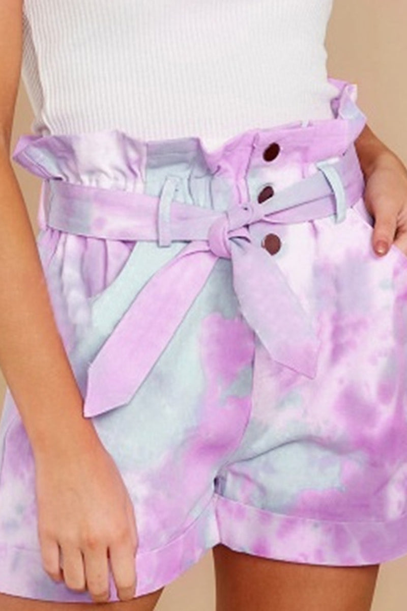 Tie Dye Belted Ruffle Pocket Shorts