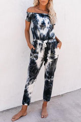 Tie Dye Off The Shoulder Drawstring Jumpsuit
