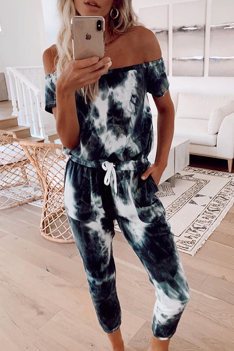 Tie Dye Off The Shoulder Drawstring Jumpsuit