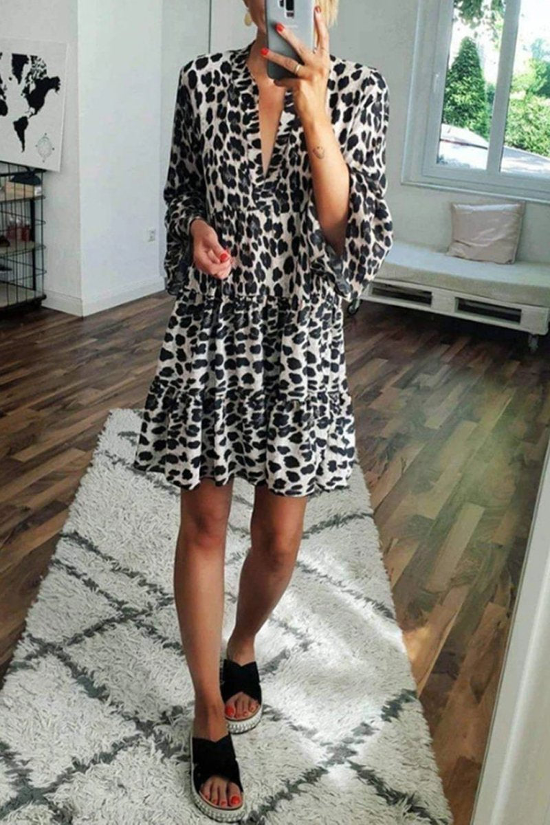 Bohemian Leopard Print V-Neck Dress