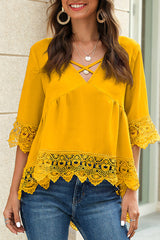 Chiffon Lace Pierced V-Neck Blouse