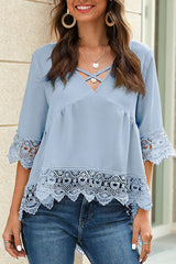 Chiffon Lace Pierced V-Neck Blouse