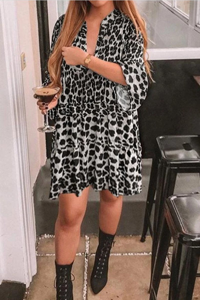 Bohemian Leopard Print V-Neck Dress