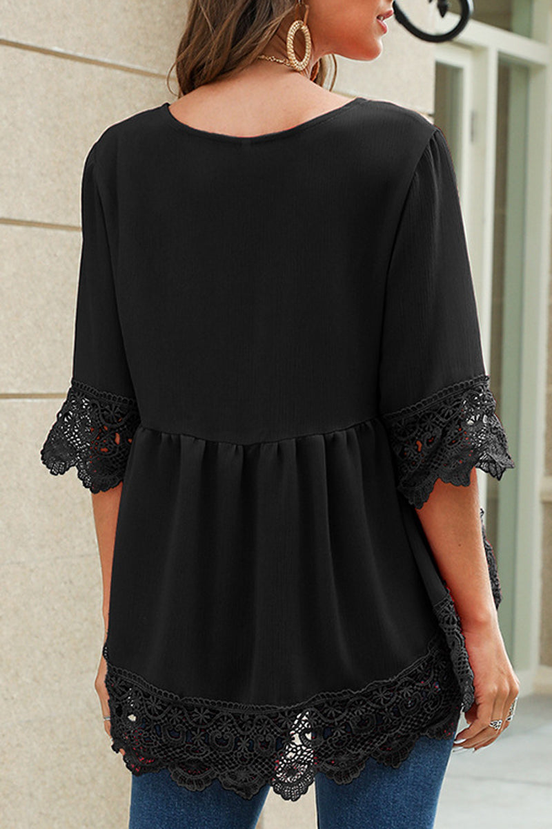 Chiffon Lace Pierced V-Neck Blouse