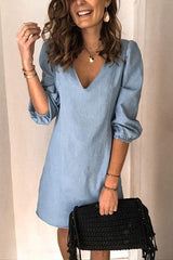 Casual V Neck Elastic Cuff Sleeve Mini Dress(4 Colors)