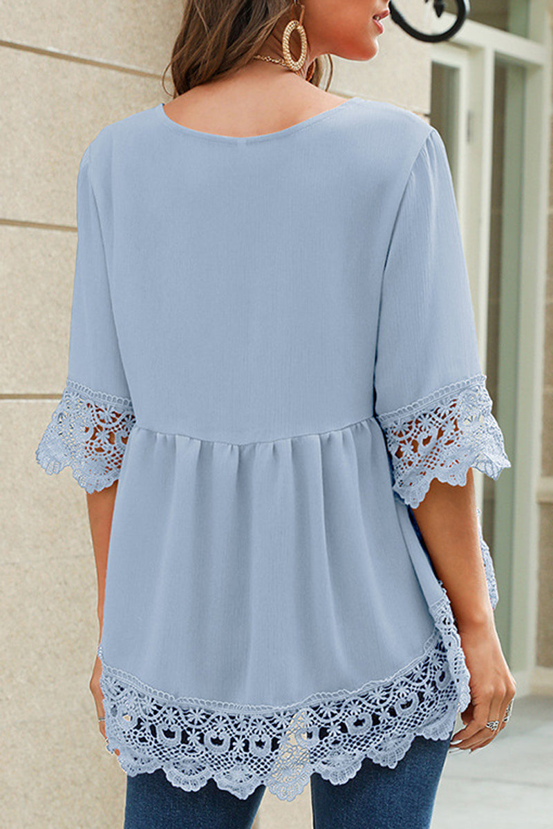 Chiffon Lace Pierced V-Neck Blouse