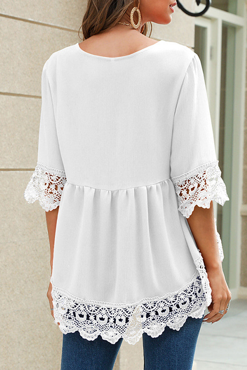 Chiffon Lace Pierced V-Neck Blouse