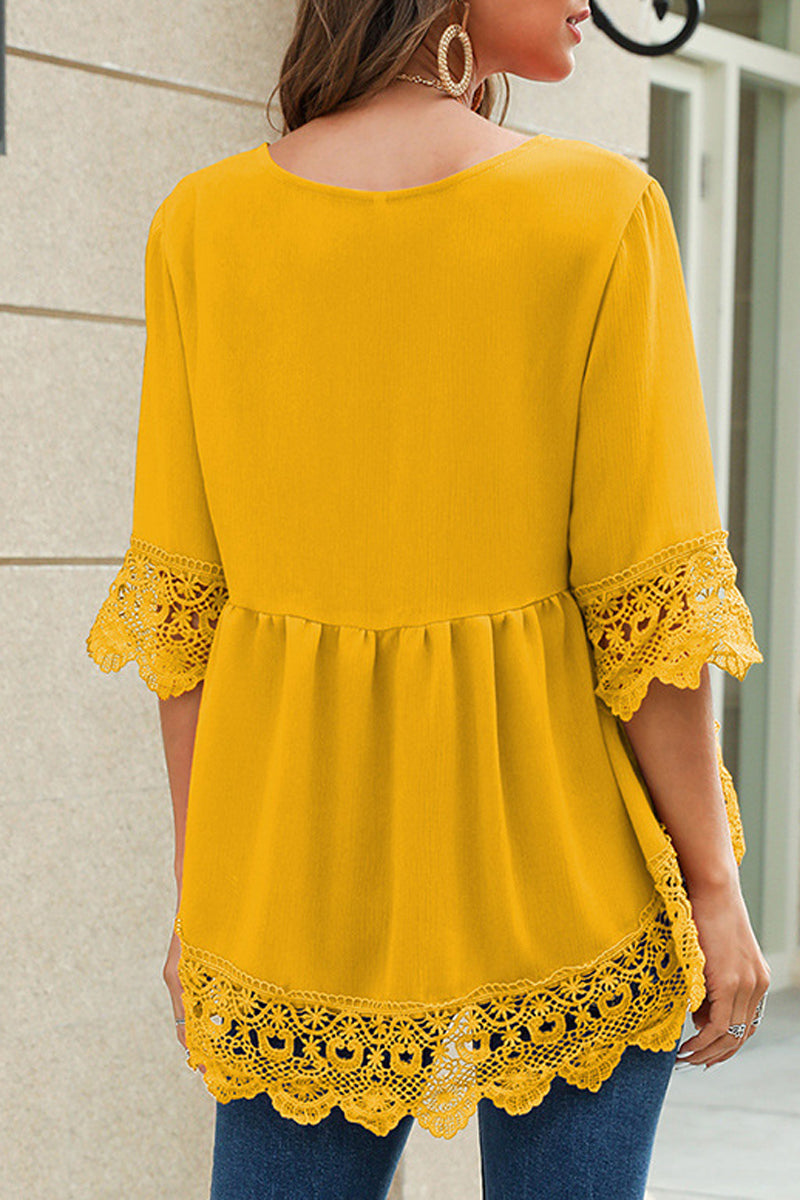 Chiffon Lace Pierced V-Neck Blouse