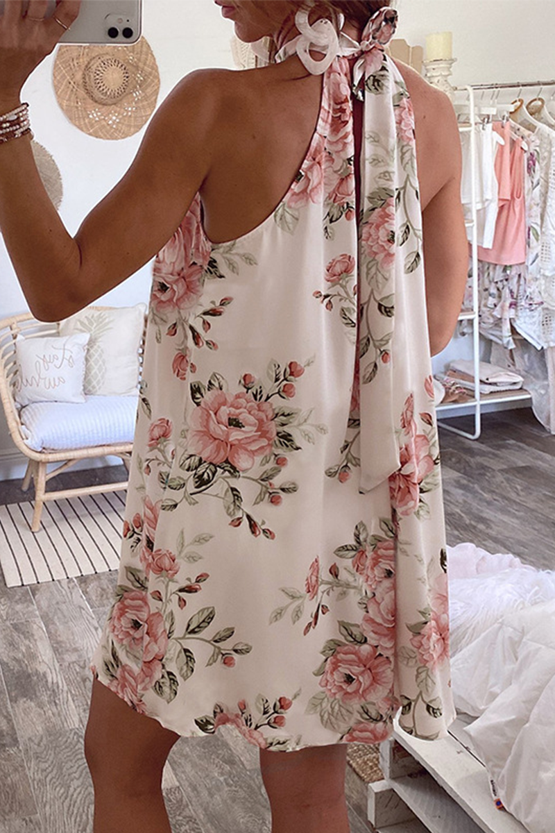 Sexy Floral Frenulum Backless Halter Printed Dress Dresses