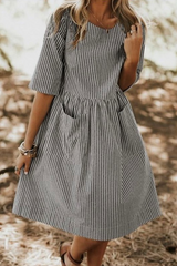 Casual Striped Pocket O Neck The Midi Dresses(2 Colors)